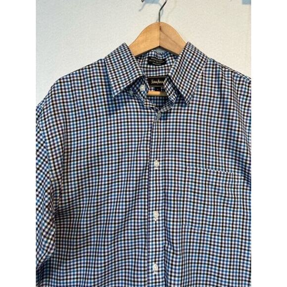 Neiman Marcus Mens Large Plaid Trim Fit Button Up Shirt Black White Purple Blue - Picture 8 of 12